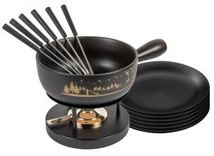 Cheese fondue set Alpine panorama black Ø 23cm with plates